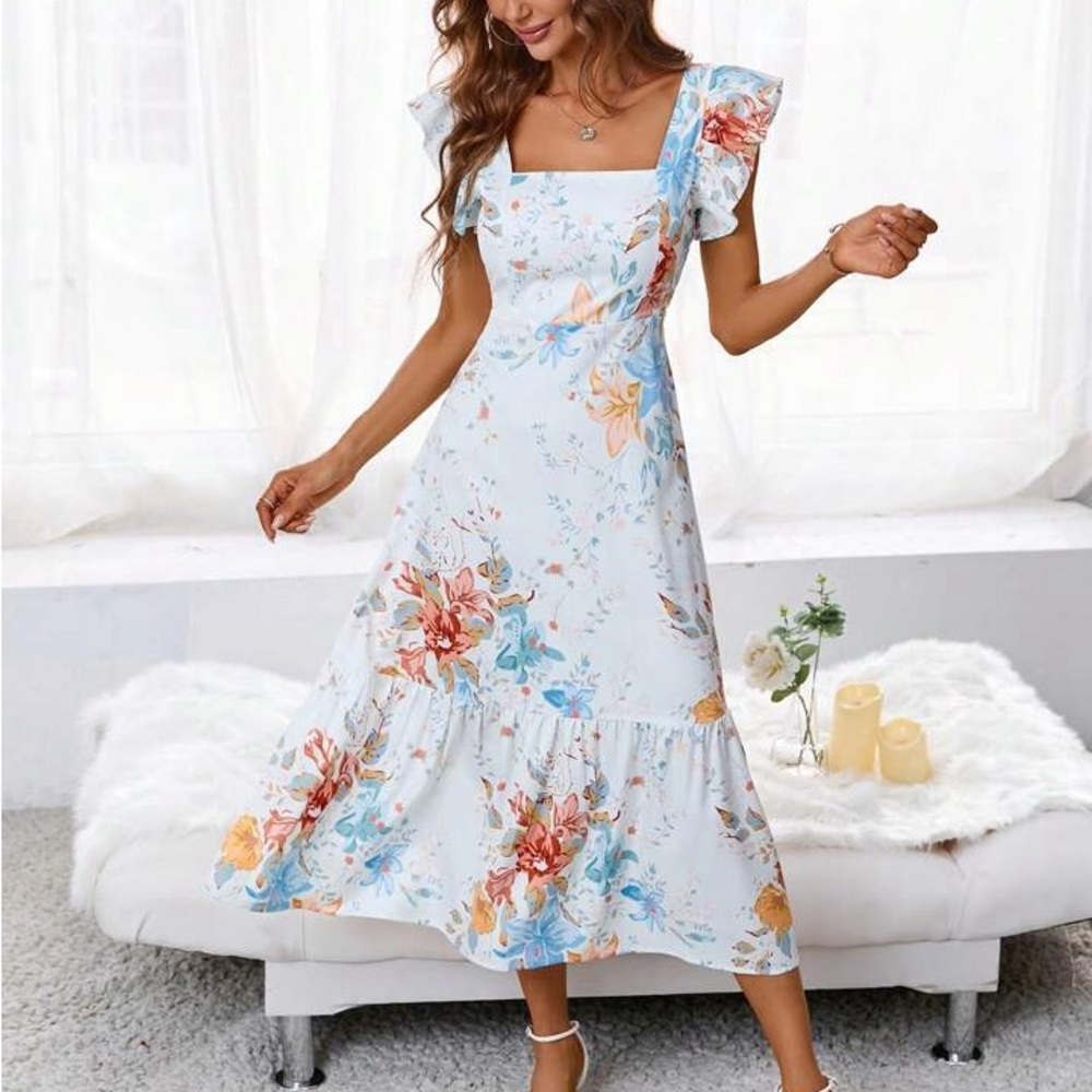 SHEIN Frenchy Floral Print Ruffle Hem Dress
